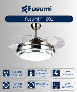 Quạt trần cụp xòe Fusumi F - 201 hiện đại, 6 tốc độ, LED 3 màu